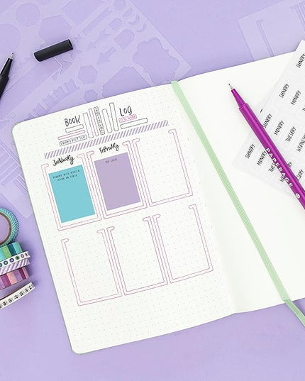 PAPERAGE Bullet Journal Kit, Dotted Journaling Set & Stationary Kit, Hardcover Dotted Journal Notebook (Sage Green), 12 fineliner Pens, 8 Sticker & 3 Stencil Sheets, 6 Washi Tapes