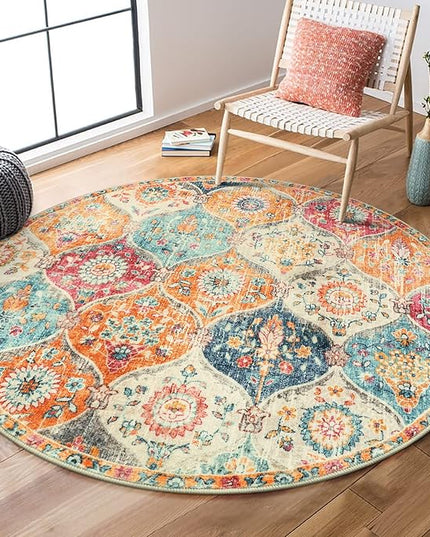 Lahome Moroccan Trellis Washable Round Rugs, Non-Slip Soft Round Rug 4ft Ultra-Thin, Small Vintage Circle Carpet for Entryway Kitchen Bedroom Nursery Bathroom, Cream/Multi