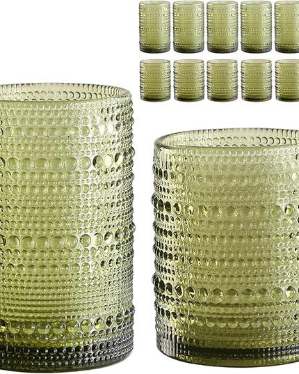Vintage Glassware Drinking Glasses Set of 12,Green 12oz & 15oz Hobnail Glass Cups,Embossed Water Tumbler,for Beer,Cocktail,Whiskey,Juice and Various Mixed Drinks- 1 Cleaning Brush