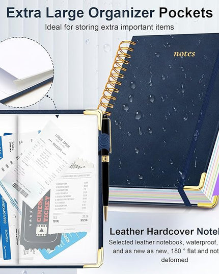Hardcover Spiral Notebook 8"x10" Journal Notebook with Tabs and Removable Dividers 300 Pages 5 Subject Notebook College Ruled, Faux Leather Spiral Bound Notebook for Women School Work (Dark Blue)