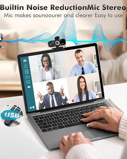 USB HD Webcam with Built-in Microphone and Rotatable Tripod, 1080P Video, Wide Angle Camera, Privacy Cover, for Desktop PC or Laptop Computer - 4（Black）