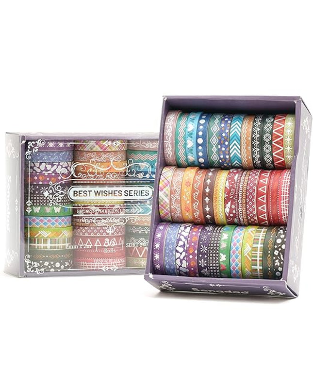 Songdao 36 Rolls Skinny Washi Tape Set Gold Foil Detailing Arts Adhesive Tapes Basic Patterns Decorative Masking Tape Sets for Craft, Kids, Scrapbook, DIY, Gift Wrapping (Colorful Silver)