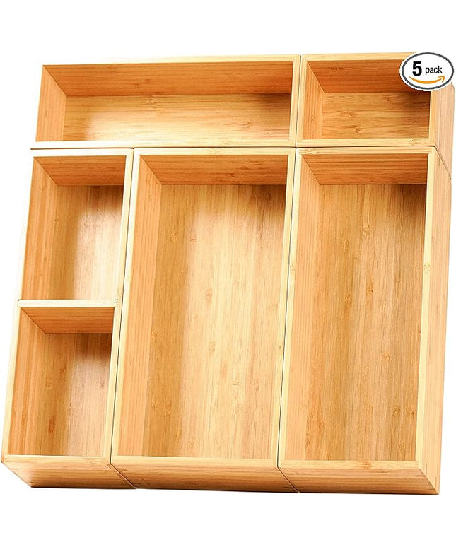 Umilife Drawer Organizer Storage Boxes, 2.5" High Bamboo Drawer Dividers, 5 Rearrangeable Bins for Kitchen, Office Desktop, Clothing, Makeup, vanity, Jewelry