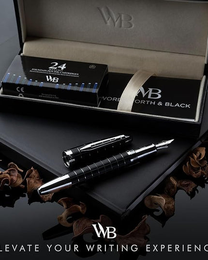 Wordsworth & Black Majesti Fountain Pen-(Checked), Luxury Case, Chrome Finish; Extra Fine Nib- Ink Cartridges, Refillable Ink Converter-Calligraphy Pen-Best Business Gift Set for Men & Women