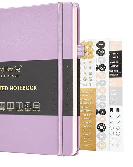 &And Per Se Dotted Journal Notebook, A5 Hardcover Leather Bullet Dotted Journal, 160 Pages 100 gsm Thick Paper, 3 Sheets of Stickers Included- 5.7'' x 8'' (Light lavender)