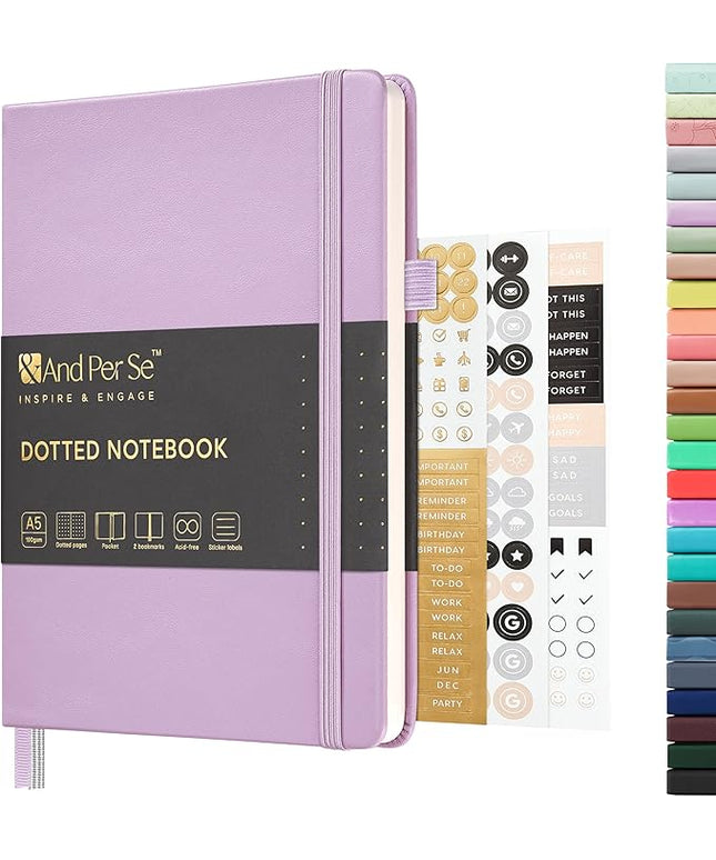 &And Per Se Dotted Journal Notebook, A5 Hardcover Leather Bullet Dotted Journal, 160 Pages 100 gsm Thick Paper, 3 Sheets of Stickers Included- 5.7'' x 8'' (Light lavender)