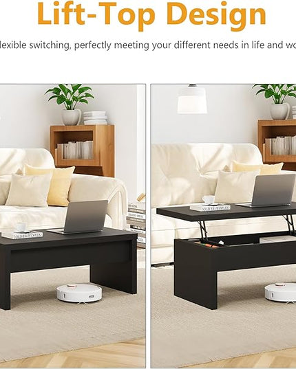 Small Lift Top Coffee Table, Wood Rectangle Coffee Table with Lifting Top and Hidden Storage Compartment, Modern Mid Century Center Tables for Small Space, Living Room, Office-Black