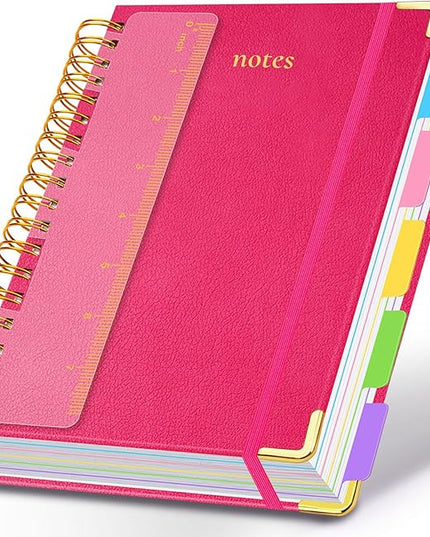 Hardcover Spiral Notebook 6.2"x 8.2" Journal Notebook with Tabs and Removable Dividers 300 Pages 5 Subject Notebook College Ruled, Faux Leather Spiral Bound Notebook for Women School Work(Rose Red)