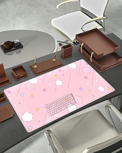Pink Mouse Pad Large Desk Mat Gaming, Kawaii Desk Pads Stars Mouse Mat XXL Cute Keyboard Pad, Laptop Computer Mat with Non-Slip Base & Stitched Edges, Office Decor for Women 31.5" x 15.7"