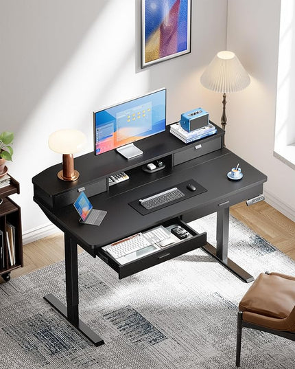 HUANUO 48 x 30 inch Electric Standing Desk with Wood Drawers, Adjustable Height Sit Stand Home Office Desk with Two Tiers, Ergonomic Adjustable Stand up Desk C-Clamp Monitor Mount Compatible, Black