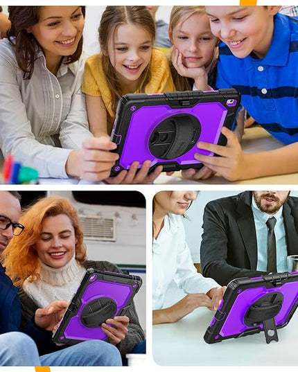 Timecity Case for iPad 9th/ 8th/ 7th Generation 10.2 inch - Heavy Duty Protective Cover with Screen Protector, Rotating Stand, Shoulder Strap & Pencil Holder | Kids-Friendly (Purple)