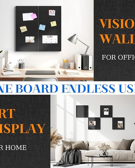 DOLLAR BOSS Felt Cork Board Tiles, 4 Packs 12" x 12" 1/2" Thick Cork Bulletin Board Self Adhesive Acoustic Panels Soundproof Corkboards for Walls with 40 Pushpins for Home Office Kitchen School, Black