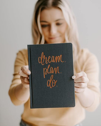 Sweet Water Decor Dream Plan Do Motivational Journal - Grey Fabric Journal with Rose Gold Details and Ribbon Bookmark - Motivational Notebook Inspirational Lined Journal for Work and School