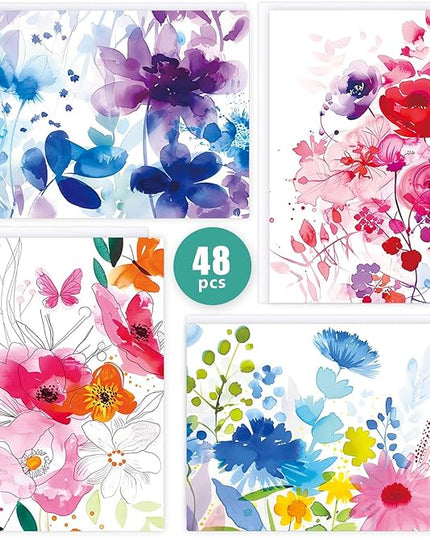 FUHITIM 48 Pack Blank Cards and Envelopes, Watercolor Flowers Blank Greeting Cards, Blank Cards for All Occasion