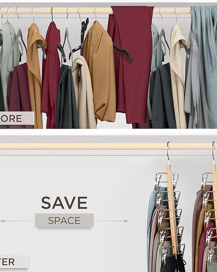 MORALVE Skirt Hangers Space Saving with Clips - 2 Pack - European Beechwood 5-Tier Hanger for Shorts, Skirts, and Pants - Closet Organizer and Storage Solution for Women with 360° Swivel Hook