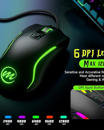 memzuoix Wired Gaming Mouse with RGB - 6 Adjustable DPI up to 12800, 6 Buttons, 12 Lighting Modes, Ergonomic Design with Anti-Slip Rubber Wheel, 5.6ft Braided Cable for PC/Mac/Windows - Black
