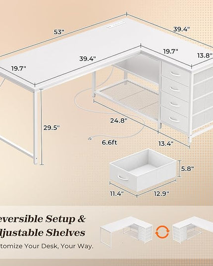 PRAISUN 53" L Shaped Desk with Power Outlets and USB-C Port, Reversible Computer Corner Office Desk with 4 Fabric Drawers and 2 Height-Adjustable Shelves, Large for Gaming Writing Work Study, White