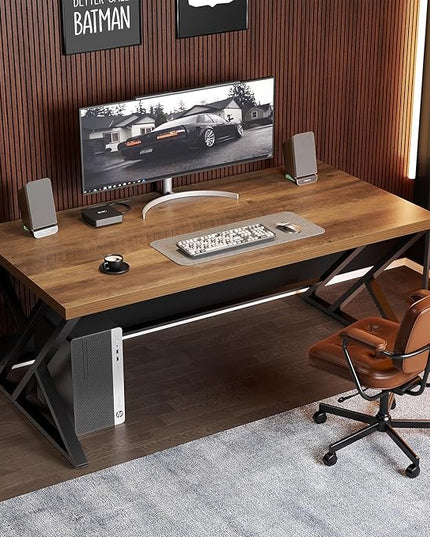 LVB Long Computer Desk, Big Industrial Home Office Desk, Large Metal Wood Writing Study Computer Table for Bedroom, Modern Executive Simple Gaming Work Desk for Student, Rustic Oak, 60 in
