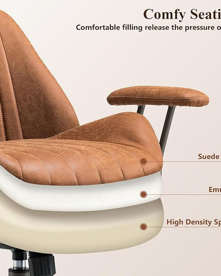 Mid Century Modren Office Chair - Fuax Leather Suede Brown Executive Chairs Ergonomic Mid Back with Lumbar Support, Swivel Computer Desk Task Chair with Wheels for Home Office (Brown, Mid Back)