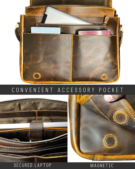 Leather Messenger Bag for Men 16" Full Grain Leather Laptop Bag Vintage Crossbody Office Satchel Travel Shoulder Bag