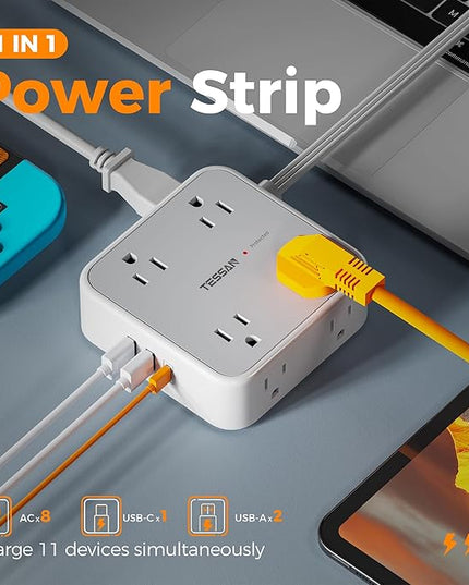 TESSAN Surge Protector Power Strip Flat Plug, Long Extension Cord 10 FT with 8 Outlets, 3 USB Ports(1 USB C), 3-Sided Outlet Extender, 900 Joules Protection, Desk Charging Station for Home, Office