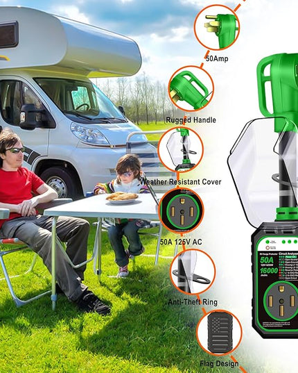RV Surge Protector 50 Amp Flag Design - Upgraded 16000J Power Surges Voltage Protection Circuit Analyzer IP68 Waterproof Cover for 50A RVS Camper Trailer Must Haves (50Amp, Green)