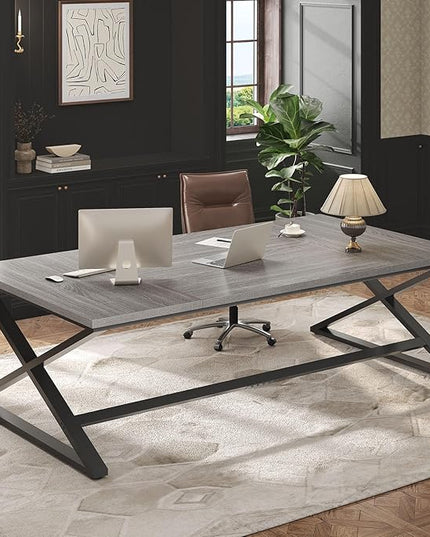 IBF Extra Large Desk, 78.7” Long Home Office Computer Desk, Simple Wide Work Desks for Writing Study in Bedroom, Industrial Wood Metal Game Desks Executive Workstation Conference Table, Light Grey Oak