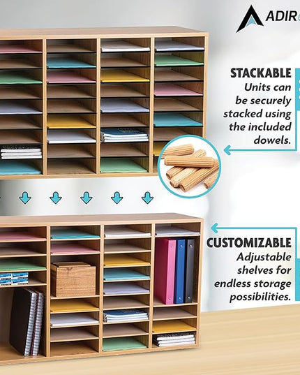 AdirOffice Wooden Adjustable Literature Organizer, 36 Compartment Office Mailbox, or Classroom Literature Organizer, Medium Oak