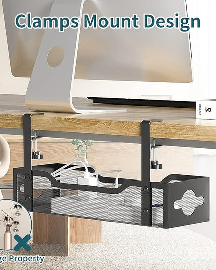 Under Desk Cable Management Tray Black, Litwaro Cable Management Under Desk No Drill, Cable Organizer with Clamp for Wire Management, Cord Organizer No Damage to Desk for Office, Home