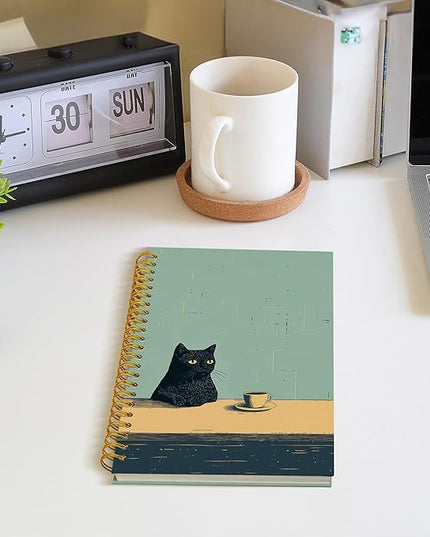 Vintage Coffee Black Cat Spiral Notebook, Black Cat Gifts Journal, Cats Lovers Mom Lady Gifts Journal Notebook, 5.5x8.3 Inch