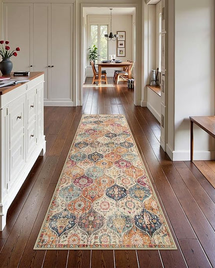 Lahome Moroccan Washable Kitchen Runner, 2x7 Runner Rug with Rubber Backing Non Slip, Vintage Hallway Rug Throw Carpet for Hallways Bedroom Laundry Room Entryway, Cream/Multi