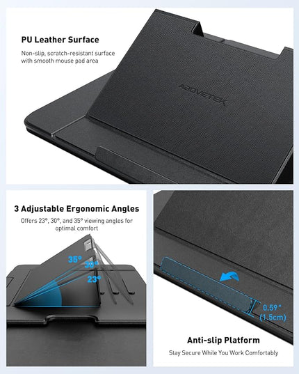 AboveTEK Adjustable Laptop Lap Desk, 3 Ergonomic Angles, PU Leather Non-Slip Surface, Heat Shield, Retractable Mouse Pad, Portable Laptop Lap pad Workstation for Bed, Sofa, Travel
