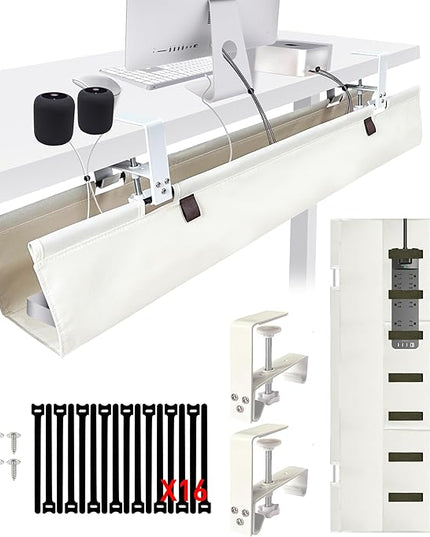 [Upgraded] Under Desk Cable Management, 28" Cord Organizer, with Silicone Pads (No Scratch!), 16 Cable Ties, Washable PE Honeycomb Base,Fits Any Desk 0-2.1", No Stinky Cardboard!Beige