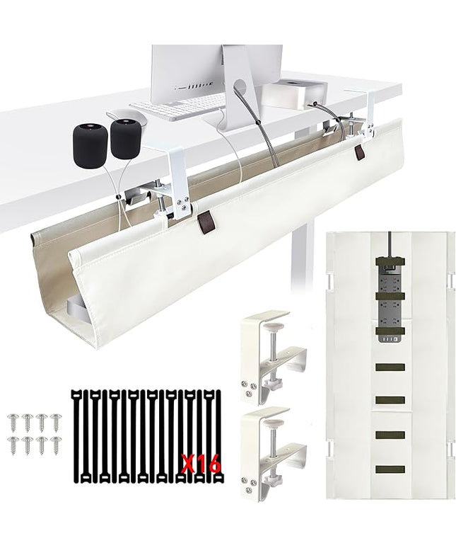 [Upgraded] Under Desk Cable Management, 28" Cord Organizer, with Silicone Pads (No Scratch!), 16 Cable Ties, Washable PE Honeycomb Base,Fits Any Desk 0-2.1", No Stinky Cardboard!Beige