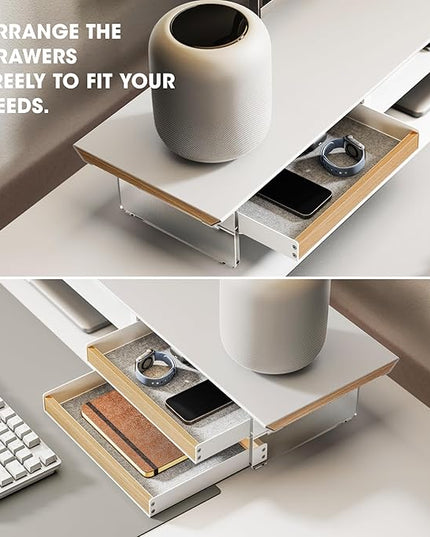 Fenge Dual Monitor Stand with Drawer, 42.5 Inch Large Monitor Riser with Acrylic Legs Supports, Computer Stand for Desk, 2 Tier Wood Desk Shelf with Storage Organizer for PC, Laptop, Printer, TV