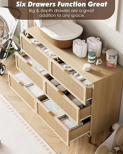 Garvee Rattan Dresser with 6 Drawers, Tall Modern Closet with Deep Storage, Large Chest of Drawers with Wide Top, Long Wooden Dresser for Bedroom, Living Room, Hallway, Kids Room, Natural
