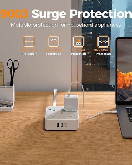 TESSAN Surge Protector Power Strip Flat Plug, Long Extension Cord 10 FT with 8 Outlets, 3 USB Ports(1 USB C), 3-Sided Outlet Extender, 900 Joules Protection, Desk Charging Station for Home, Office