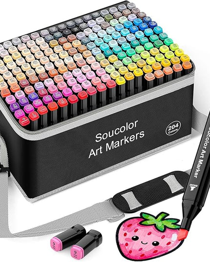 Soucolor Alcohol Markers 204 Colors with Case & Holders, Dual Tips Chisel & Fine Art Markers for Adult Coloring Kids Drawing, Artist Markers Art Supplies for Blending Sketching