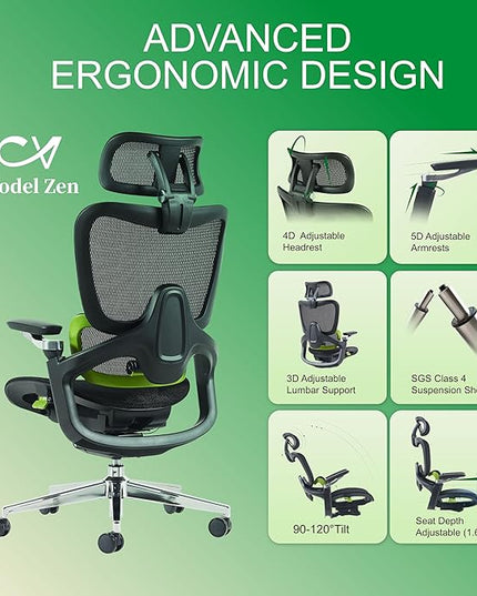 Ergonomic Office Chair, Mesh Home Office Desk Chair with Adaptive Lumbar Support, Gaming Chair with Headrest, 5D Armrest,90-130°Tilt, BIFMA Certified, Model Zen (Green)