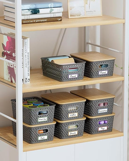 8 Packs Plastic Storage Bins with Bamboo Lids - Stackable Storage Bins Decorative Small Basket Containers for Organizing Shelves Office Classroom Desktop Closet, Grey