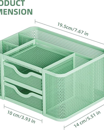 Marbrasse Mesh Desk Organizer, Pen Organizer with 2 Drawer, Multi-Functional Pencil Holder, Desk Organizers and Accessories with 5 Compartments + Drawer for Office Art Supplies (Green)