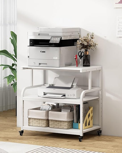 Printer Stand, 32.3" x 18.9" x 32.1" Extra Large Printer Table with Adjustable Storage Shelf, 3 Tier Rolling Printer Cart with Industrial Wheels for Home Office, White