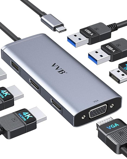 USB C to Dual HDMI Adapter,USB C Docking Station Dual Monitor Hub for Dell/HP/Lenovo Laptop,iPhone 15,USB C Hub Dongle Multi Monitors Adapter with 2 HDMI Ports+Displayport DP Port+VGA+3 USB