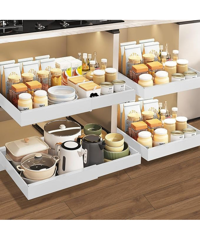 4Pack Expandable Pull-Out Cabinet Organizer 21" Deep Slide Out Drawers, Upgrade 3 Slide Rails, Adjustable Width 12.4”-20.4”, With Screws and Nano Film Adhesive， White
