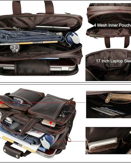 Leather Briefcase for Men Expandable Large 17 Inch Laptop Crossbody Shoulder Bag Business Travel Duffel Attache Case