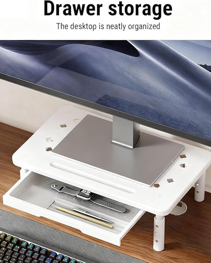 GOWENIC Desktop Computer Riser Stand with Drawer, Monitor Stand Riser 3 Height Adjustable, Laptop Stand for Desk, Desk Organizer for Computer, Laptop, Printer, Notebook (White)