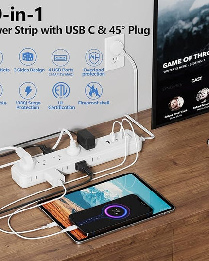 5Ft Power Strip Surge Protector - TerHavn Extension Cord with 15 AC Outlets and 4 USB Ports for for Home, Office, Dorm Essentials, 1080 Joules,15A 1875W UL, (White)