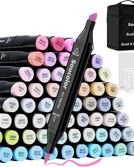 Soucolor 61 Colors Pastel Alcohol Based Markers Set | Professional Dual Tip Art Markers with Brush & Chisel Tips | Includes 1 Blender & Carry Case | For Artists, Adults Coloring, Drawing, Illustration
