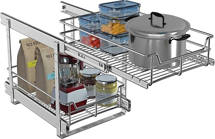 JOWBOOW 2 Tier Pull Out Cabinet Organizer (11" W x 22" D), Roll Out Shelves and Drawer for Kitchen Pantry Storage Basket, Heavy-Duty Metal Sliding Shelf