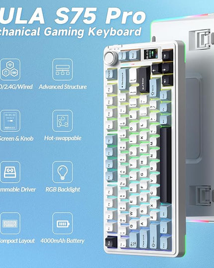 AULA S75 PRO Wireless Mechanical Keyboard with Screen&Knob, 75% Hot Swappable Gaming Keyboard with Pre-lubed Switches, RGB Backlit, PBT Keycaps Creamy Sounding Pc Gaming Keyboards